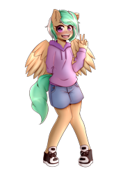 Size: 2893x4092 | Tagged: safe, alternate version, artist:koizumisho, oc, oc:mango foalix, anthro, pegasus, background removed, clothes, commission, cute, female, hoodie, peace sign, pegasus oc, shorts, simple background, solo, transparent background, wings, ych result