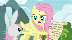 Size: 1920x1080 | Tagged: safe, derpibooru import, screencap, angel bunny, fluttershy, pegasus, pony, rabbit, she talks to angel, animal, checklist, duo, female, list, male, mare, messy mane, scroll, wing hands, wings