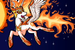 Size: 1800x1200 | Tagged: safe, artist:redahfuhrerking, daybreaker, alicorn, pony, armor, female, fire, flying, mare, night, solo, sun, wing armor