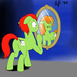 Size: 2000x2000 | Tagged: safe, artist:tomtornados, oc, oc:evelyn rose, oc:stratos cloud, unicorn, commission, female, implied transgender, male, mare, mirror, sad, stallion, worried