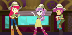Size: 1200x592 | Tagged: safe, screencap, apple bloom, scootaloo, sweetie belle, eqg summertime shorts, equestria girls, the canterlot movie club, animated, boots, cinema, clothes, cutie mark crusaders, gif, hat, jeans, looking at something, pants, pointing, running, shirt, shoes, shorts, skirt, smiling