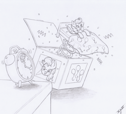 Size: 2570x2335 | Tagged: safe, artist:xeviousgreenii, derpibooru import, pinkie pie, earth pony, pony, alarm clock, atg 2020, bed, clock, jack-in-the-box, monochrome, newbie artist training grounds, traditional art