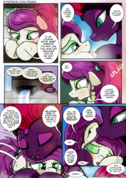 Size: 2480x3508 | Tagged: safe, artist:dsana, fizzlepop berrytwist, tempest shadow, oc, oc:thistledown, earth pony, pony, unicorn, comic:a storm's lullaby, canon x oc, comic, crying, cute, dsana is trying to murder us, duo, eyes closed, female, hug, lesbian, mare, shipping, teary eyes