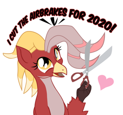 Size: 2000x1875 | Tagged: safe, artist:aaronmk, oc, oc:posada, hippogriff, artist training grounds 2020, heart, hippogriff oc, newbie artist training grounds, scissors, speaking to viewer, text, vector