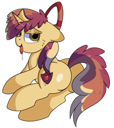 Size: 4300x4800 | Tagged: safe, artist:rainbowtashie, apple bloom, dinky hooves, oc, oc:sparkling apples, earth pony, pony, unicorn, bow, butt, commissioner:bigonionbean, cutie mark, drool, female, flank, fusion, fusion:sparkling apples, mare, plot, simple background, sultry pose, transparent background, writer:bigonionbean