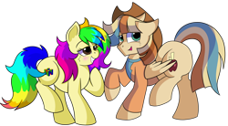 Size: 1280x708 | Tagged: safe, artist:rainbowtashie, braeburn, oc, oc:rainbow tashie, oc:spicy cider, earth pony, pegasus, pony, blushing, clothes, commissioner:bigonionbean, cowboy hat, cute, cutie mark, dawwww, dummy thicc, embarrassed, fusion, fusion:spicy cider, hat, in love, jumpsuit, love, romantic, simple background, stetson, transparent background, wind waker (character), writer:bigonionbean