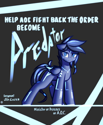 Size: 810x984 | Tagged: safe, artist:deafjaeger, oc, oc only, oc:sky gazer, pegasus, pony, augmented, cyberpunk, female, looking at you, poster, propaganda, solo, tattoo, wings, wings down