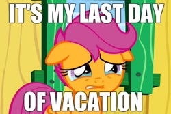 Size: 724x485 | Tagged: safe, edit, edited screencap, editor:rainbow eevee, screencap, scootaloo, pegasus, pony, the last crusade, caption, crying, female, filly, floppy ears, folded wings, image macro, meme, sad, solo, text, vacation, wings