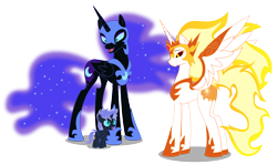 Size: 3687x2194 | Tagged: safe, artist:somashield, daybreaker, nightmare moon, oc, oc:stardust tutor, alicorn, pony, unicorn, alicorn oc, aunt and nephew, colt, digital art, ethereal mane, female, filly, helmet, hoof shoes, horn, male, mane of fire, mother and child, mother and son, offspring, parent and child, parent:nightmare moon, peytral, simple background, size difference, slit eyes, starry mane, transparent background, trio, wings