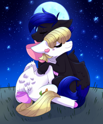 Size: 700x843 | Tagged: safe, artist:narik, oc, oc:nat thunder, oc:sweetie heartcloud, pegasus, hug, love, moon, romantic, scar, stars