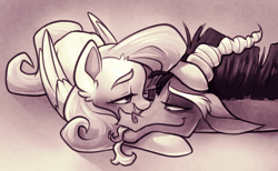 Size: 1982x1218 | Tagged: safe, artist:ashnicholsart, artist:hunibunart, derpibooru import, discord, fluttershy, draconequus, pegasus, pony, bedroom eyes, blushing, cute, discoshy, discute, ear fluff, eye contact, female, folded wings, lidded eyes, looking at each other, male, mare, monochrome, prone, shipping, shyabetes, smiling, straight, tongue out, wings