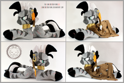 Size: 2712x1819 | Tagged: safe, artist:lioncubcreations, oc, oc:xenith, pony, zebra, fallout equestria, braid, clothes, coat, commission, determined, ear piercing, earring, fanfic art, feather, jewelry, neck rings, photo, piercing, plushie, scar, solo, stripes