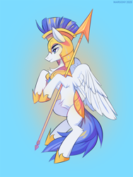 Size: 750x1000 | Tagged: safe, artist:margony, pegasus, pony, armor, flying, helmet, hoof shoes, male, royal guard, solo, spear, stallion, weapon