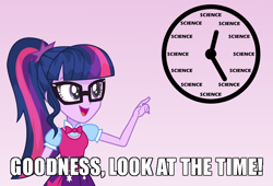 Size: 700x475 | Tagged: safe, artist:wawtoons, sci-twi, twilight sparkle, equestria girls, bowtie, caption, clock, clothes, female, glasses, image macro, look at the time, meme, my little pony logo, pointing, ponytail, science, skirt, solo, that pony sure does love science, vector