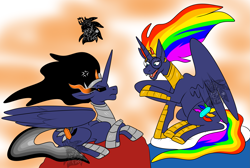 Size: 3913x2628 | Tagged: safe, artist:sapphirus, oc, alicorn, annoyed, commission, discussion, event horizon, evil side, father: sombra, good side, king, male, rainbow, rainbow horizon, same-being, sombra eyes, stallion
