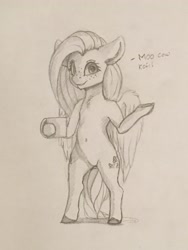 Size: 3024x4032 | Tagged: safe, artist:miokomata, derpibooru import, fluttershy, pegasus, pony, semi-anthro, belly button, chest fluff, coffee mug, dialogue, featureless crotch, female, freckles, freckleshy, monochrome, mug, open mouth, simple background, sketch, solo, traditional art