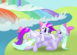 Size: 3000x2167 | Tagged: safe, artist:varaann, flitter, oc, oc:gale force, earth pony, pegasus, pony, canon x oc, female, lesbian, mare, nibbling, rainbow waterfall, shipping