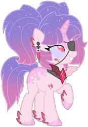 Size: 1459x2094 | Tagged: source needed, safe, artist:azrealrou, oc, oc only, pony, unicorn, ethereal mane, eyepatch, feathered fetlocks, grin, hoof polish, horn, looking up, raised hoof, simple background, smiling, solo, starry mane, transparent background, unicorn oc