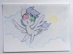 Size: 1500x1125 | Tagged: safe, artist:dawnfire, oc, oc only, pegasus, pony, cloud, heterochromia, solo, sun, traditional art