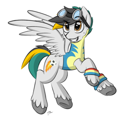 Size: 1500x1450 | Tagged: safe, artist:fakskis, oc, oc only, pegasus, pony, armband, beauty mark, clothes, colored sketch, commission, cutie mark, eyebrows visible through hair, flying, full body, goggles, male, shading, simple background, sketch, smiling, solo, spread wings, stallion, sweatband, teeth, underhoof, uniform, unshorn fetlocks, white background, wings, wonderbolts uniform