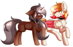 Size: 5040x3240 | Tagged: safe, artist:xprismxx, oc, oc only, oc:cinnamon sugar, oc:ruby halo, pegasus, pony, unicorn, female, flower, high res, mare, mouth hold, one eye closed, rose, simple background, transparent background, wink