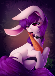 Size: 2744x3760 | Tagged: safe, artist:shenki, oc, oc only, oc:lapush buns, unicorn, bowtie, bunnycorn, carrot, food, herbivore, hungry, licking, solo, suggestive eating, tongue out