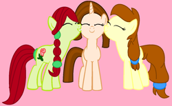 Size: 1136x700 | Tagged: safe, artist:appimena, oc, oc:roseheart, oc:sonic ray, earth pony, unicorn, earth pony oc, eyes closed, female, friendship, horn, trio, trio female, unicorn oc