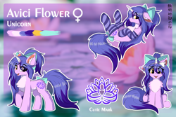 Size: 1800x1200 | Tagged: safe, artist:lunar froxy, oc, oc only, oc:avici flower, pony, unicorn, bandage, bow, broken horn, cheek fluff, chest fluff, clothes, dipstick hair, dipstick tail, ear fluff, female, fluffy, horn, japanese, leg fluff, mare, reference sheet, smiling, socks, striped socks, tail bow