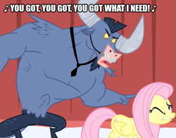 Size: 635x500 | Tagged: safe, derpibooru import, edit, edited screencap, editor:thor-disciple, screencap, fluttershy, iron will, minotaur, pegasus, pony, putting your hoof down, caption, cropped, eddie murphy, image macro, music, singing, teddy pendergrass, text