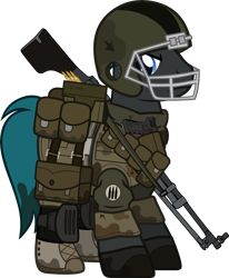 Size: 1280x1553 | Tagged: safe, artist:n0kkun, oc, oc only, oc:steel burst, earth pony, pony, fallout equestria, armor, bag, belt, boots, bullet, camouflage, clothes, crossover, dirt, fallout, football helmet, gloves, gun, handgun, helmet, knee pads, machine gun, male, mud, pants, pistol, pouch, shirt, shoes, simple background, solo, stallion, transparent background, weapon