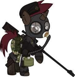 Size: 1280x1317 | Tagged: safe, artist:n0kkun, oc, oc only, oc:thunder shot, pony, unicorn, fallout equestria, anti-materiel rifle, belt, beret, boots, camouflage, clothes, crossover, ear piercing, earring, fallout, female, fingerless gloves, gas mask, gloves, gun, handgun, hat, jacket, jewelry, knife, leather jacket, mare, mask, pants, piercing, pistol, pouch, rifle, shirt, shoes, simple background, sniper, sniper rifle, solo, transparent background, weapon