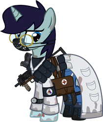 Size: 1280x1521 | Tagged: safe, artist:n0kkun, oc, oc only, oc:clear mind, pony, unicorn, fallout equestria, bag, belt, boots, clothes, combat medic, crossover, dirt, face mask, fallout, female, glasses, gun, handgun, hangun, jeans, knee pads, lab coat, mare, mask, medical saddlebag, mp7, mud, pants, pistol, pouch, saddle bag, shirt, shoes, simple background, solo, submachinegun, surgical mask, tape, transparent background, watch, weapon, wristwatch