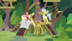 Size: 1920x1080 | Tagged: safe, derpibooru import, screencap, clementine, doctor fauna, fluttershy, earth pony, giraffe, pegasus, pony, she talks to angel, clothes, cloven hooves, female, mare, open mouth, shirt, sweet feather sanctuary, tongue out