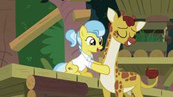Size: 1920x1080 | Tagged: safe, screencap, clementine, doctor fauna, earth pony, giraffe, pony, she talks to angel, clothes, duo, eyes closed, female, mare, ponytail, shirt, smiling
