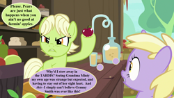 Size: 1280x720 | Tagged: safe, edit, edited screencap, screencap, dinky hooves, granny smith, the perfect pear, apple, apple stand, doctor who, food, implied minty, speech bubble, talking, thought bubble, young granny smith, younger