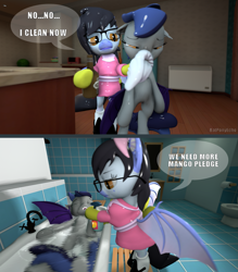 Size: 1279x1458 | Tagged: safe, artist:batponyecho, oc, oc only, oc:echo, oc:mitzy, bat pony, pony, 3d, alcohol, bat pony oc, bat wings, bath, bathroom, bathtub, beer, bipedal, chloroform, clean, cleaning, clothes, comic, consuela, cutie mark, drunk, family guy, female, food, maid, mango, mare, sfm pony, source filmmaker, spread wings, water, wings