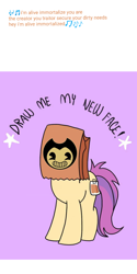 Size: 1080x2160 | Tagged: safe, artist:calebtyink, artist:paperbagpony, oc, oc:paper bag, earth pony, pony, bendy and the ink machine, bendy's face, draw me my new face, exploitable meme, meme, paper bag