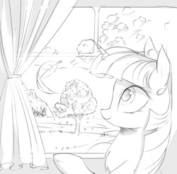 Size: 748x736 | Tagged: safe, artist:some_ponu, twilight sparkle, monochrome, scenery, tree, window