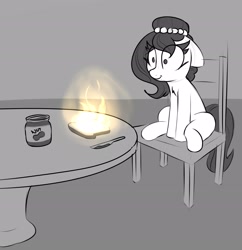 Size: 2517x2601 | Tagged: safe, artist:lockheart, oc, oc only, oc:brownie bun, earth pony, pony, bread, chair, epic fail, fail, female, fire, floppy ears, food, mare, monochrome, peanut butter, sitting, solo, this ended in fire, this is fine, toast, you've met with a terrible fate haven't you?