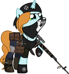 Size: 1280x1381 | Tagged: safe, artist:n0kkun, oc, oc only, oc:hyper scope, pony, unicorn, fallout equestria, bag, bandana, belt, beret, boots, clothes, crossover, fallout, female, gloves, gun, hat, jeans, knife, mare, pants, pouch, radio, raised hoof, rifle, saddle bag, shirt, shoes, simple background, sniper, sniper rifle, sniperskya vintovka dragunova, solo, t-shirt, tape, torn clothes, transparent background, weapon