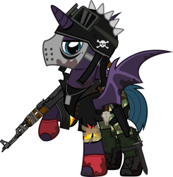 Size: 1280x1307 | Tagged: safe, artist:n0kkun, oc, oc only, oc:bullet storm (ice1517), alicorn, bat pony, bat pony alicorn, pony, fallout equestria, ak, ak-47, alicorn oc, assault rifle, bat pony oc, bat wings, belt, boots, camouflage, clothes, crossover, dog tags, fallout, fingerless gloves, gloves, goggles, gun, helmet, hockey mask, horn, jacket, knife, leather jacket, male, mask, pants, raised hoof, rifle, sawed off shotgun, shirt, shoes, shotgun, simple background, solo, stallion, t-shirt, tape, torn clothes, transparent background, weapon, wings