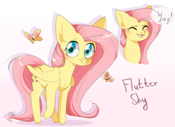 Size: 2774x2003 | Tagged: safe, artist:pledus, derpibooru import, part of a set, fluttershy, butterfly, pegasus, pony, blushing, bust, cute, dialogue, ear fluff, eyes closed, female, flutteryay, high res, leg fluff, mare, open mouth, portrait, shyabetes, simple background, solo, speech bubble, white background, yay