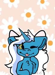 Size: 375x513 | Tagged: safe, artist:chipperdipper24, oc, oc:fleurbelle, alicorn, :p, alicorn oc, bow, chest fluff, female, flower, golden eyes, hair bow, horn, mare, one eye closed, tongue out, wingding eyes, wings, wink