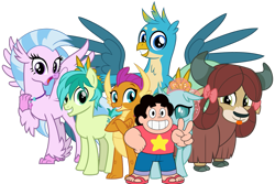 Size: 1095x730 | Tagged: safe, artist:cheezedoodle96, edit, gallus, ocellus, sandbar, silverstream, smolder, yona, changedling, changeling, classical hippogriff, dragon, earth pony, griffon, hippogriff, human, pony, yak, :p, bow, clothes, cloven hooves, crossover, cute, diaocelles, diastreamies, dragoness, female, gallabetes, grin, hair bow, jewelry, looking at you, male, monkey swings, necklace, sandabetes, simple background, smiling, smiling at you, smolderbetes, steven quartz universe, steven universe, student six, teenager, tongue out, transparent background, yonadorable