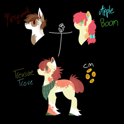 Size: 1100x1100 | Tagged: safe, artist:lepiswerid, apple bloom, pipsqueak, oc, oc:treasure trove, earth pony, pony, bandana, bow, braid, colored hooves, cutie mark, faded, married, married couple, marsverse, offspring, parent:apple bloom, parent:pipsqueak, parents:pipbloom, redesign