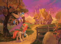 Size: 3626x2598 | Tagged: safe, artist:dearmary, aunt holiday, auntie lofty, earth pony, pegasus, pony, the last crusade, duo, female, fence, high res, house, looking at each other, mare, quilt