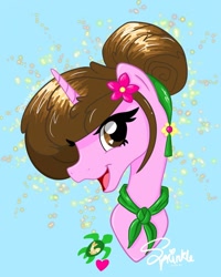 Size: 1080x1350 | Tagged: safe, artist:turtletrout.studios, oc, oc only, pony, unicorn, bust, flower, flower in hair, horn, signature, smiling, solo, unicorn oc