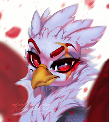 Size: 808x907 | Tagged: safe, artist:dolorosacake, oc, oc:gideon, griffon, commission, feather, fur, petals, solo, wings