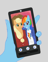 Size: 868x1121 | Tagged: safe, artist:friendshipishorses, derpibooru import, applejack, rainbow dash, anthro, cellphone, clothes, female, phone, selfie, shirt