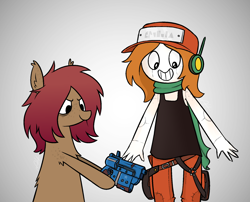 Size: 1880x1522 | Tagged: safe, artist:modocrisma, oc, oc only, oc:sobakasu, earth pony, human, pony, antenna, bag, bags under eyes, belt, body painting, cargo pants, cave story, chest fluff, clothes, cosplay, costume, ear fluff, ear freckles, face paint, fantasy, fluffy, freckles, gradient background, gun, handgun, happy, hat, headphones, holster, hoof hold, looking down, makeup, male, pants, pistol, ponysona, scarf, science fiction, self portrait, shirt, shoulder fluff, shoulder freckles, simple background, smiling, tanktop, teenager, video game, watermark, weapon